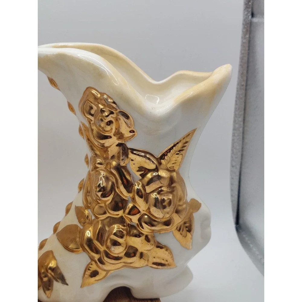 Vintage White Gold Ceramic Boot Planter Pair Rose Floral Shabby Chic Victorian